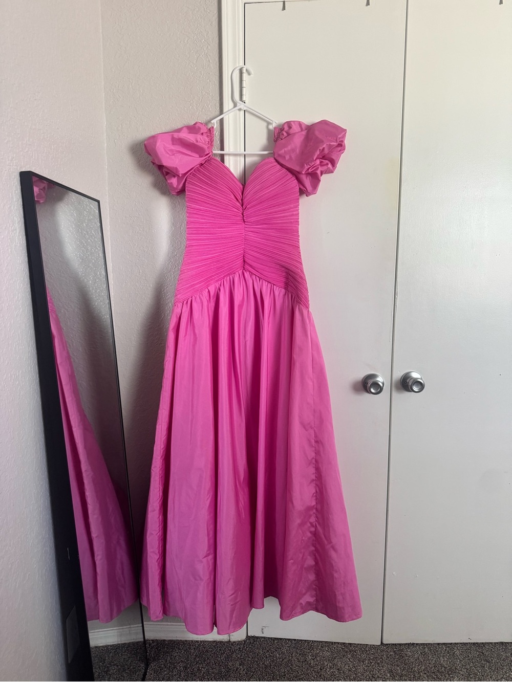 Pink Puff-Sleeve Maxi Dress with Ruched Bodice